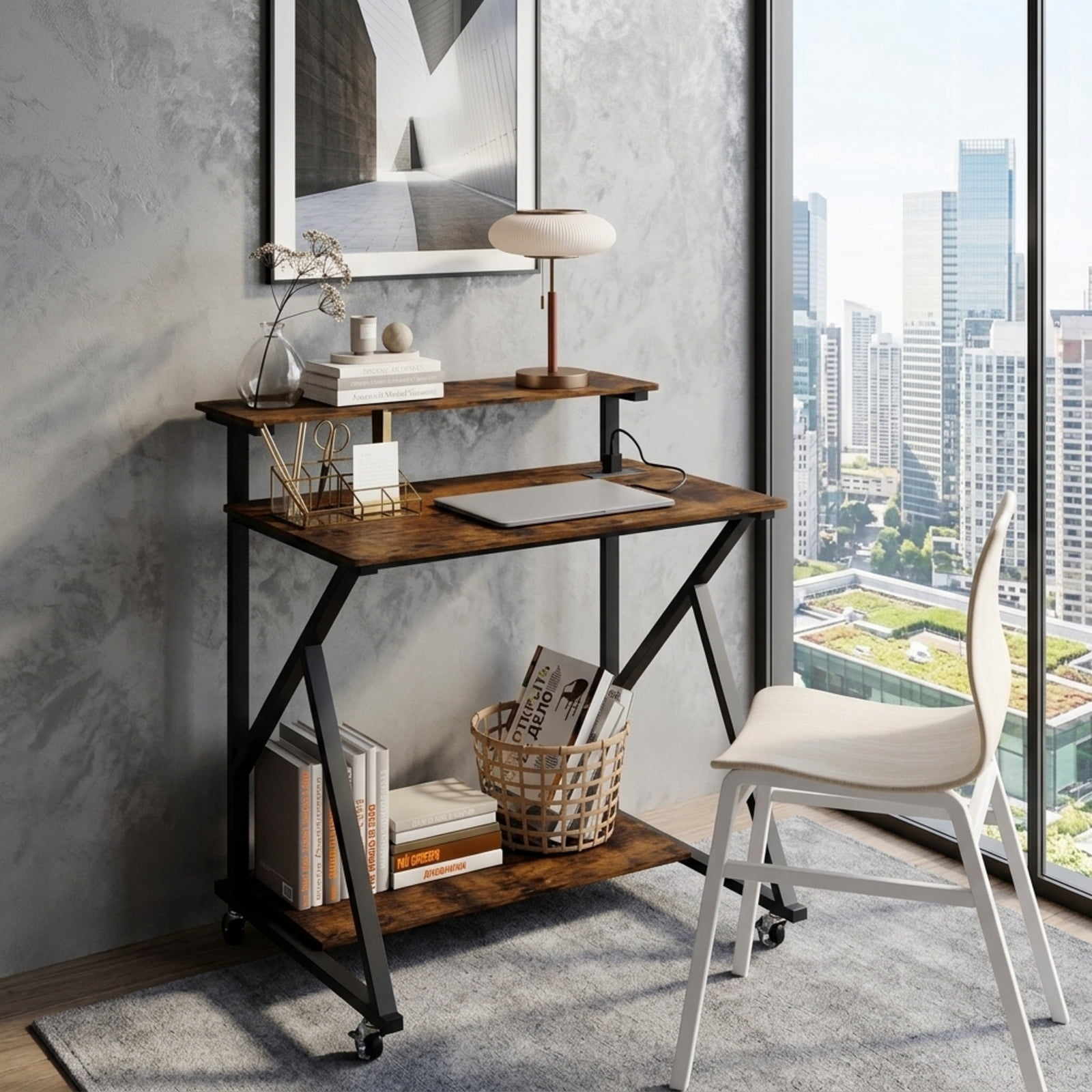 Furnibear 32 Inch Rolling Computer Desk for Small Spaces With Power Outlets and Monitor Shelf, Compact Home Office Desk on Wheels, Rustic Brown