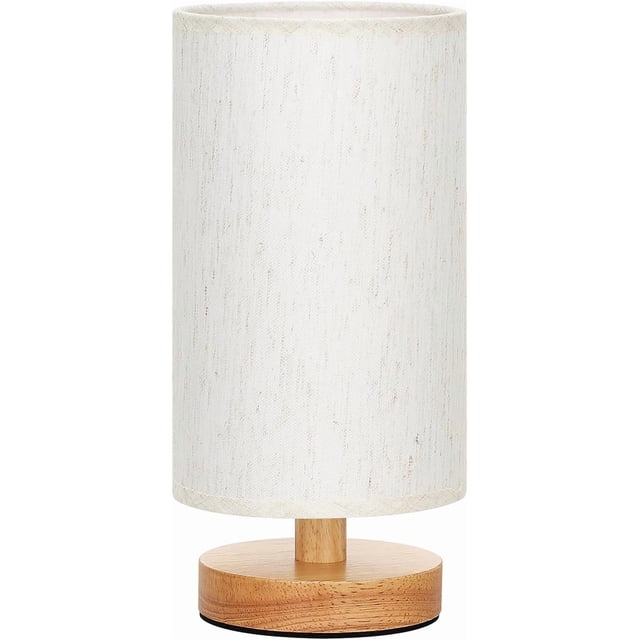 Lámpara de Mesa Minimalista para Dormitorio con Base de Madera y Pantalla de Lino, Luz Cálida 3000K (680 Lúmenes), Interruptor en Línea Seguro, Fácil Montaje - Crema/Madera