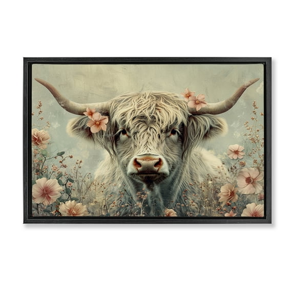 Stupell Industries Cow with Cherry Blossoms Animals Painting Black Floater Framed Canvas Art Print Wall Art, 25 x 17