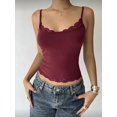 thumbnail image 4 of Women'S Square Neck Lace Tank Tops Sleeveless Crop Spaghetti Strap Summer Y2k Tops Wine Red L, 4 of 8