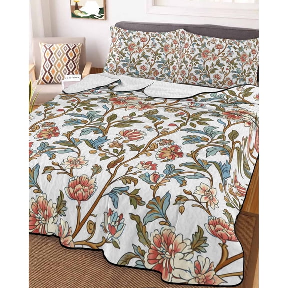 Red Floral King Size Down Alternative Comforter, Lightweight Comforter Quilt Bedding Set with Pillow Shams Botanical Watercolor Vintage Flower Leaf All Seasons Bed Comforter Duvet Insert 96"x106"