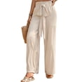thumbnail image 3 of HUBERY Women Tie Front High Waisted Smocked Wide Leg Tiered Solid Color Pant, 3 of 7
