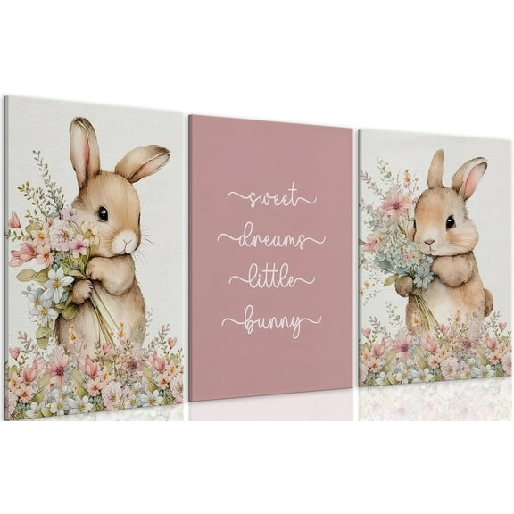 3Pcs Cute bunny Canvas Wall Art Colorful wildflower Posters Prints Botanical Floral Rabbit Nursery Wall Decor Pictures Pink Inspirational Animal Paintings for Baby Girl Room Home Decoration Und