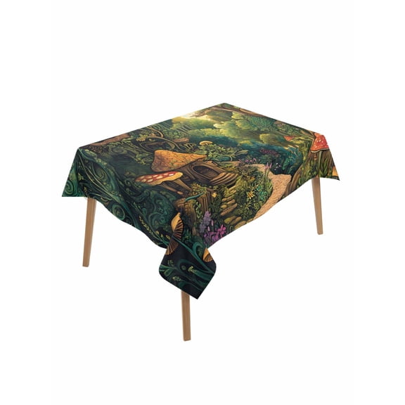 Forest Table Cloth, Vintage Cottage Mushroom Tree Floral Green Waterproof Tablecloth for Rectangle Tables, Reusable Washable Fabric Table Cover for Restaurant Kitchen Dining Tables 52"x70"