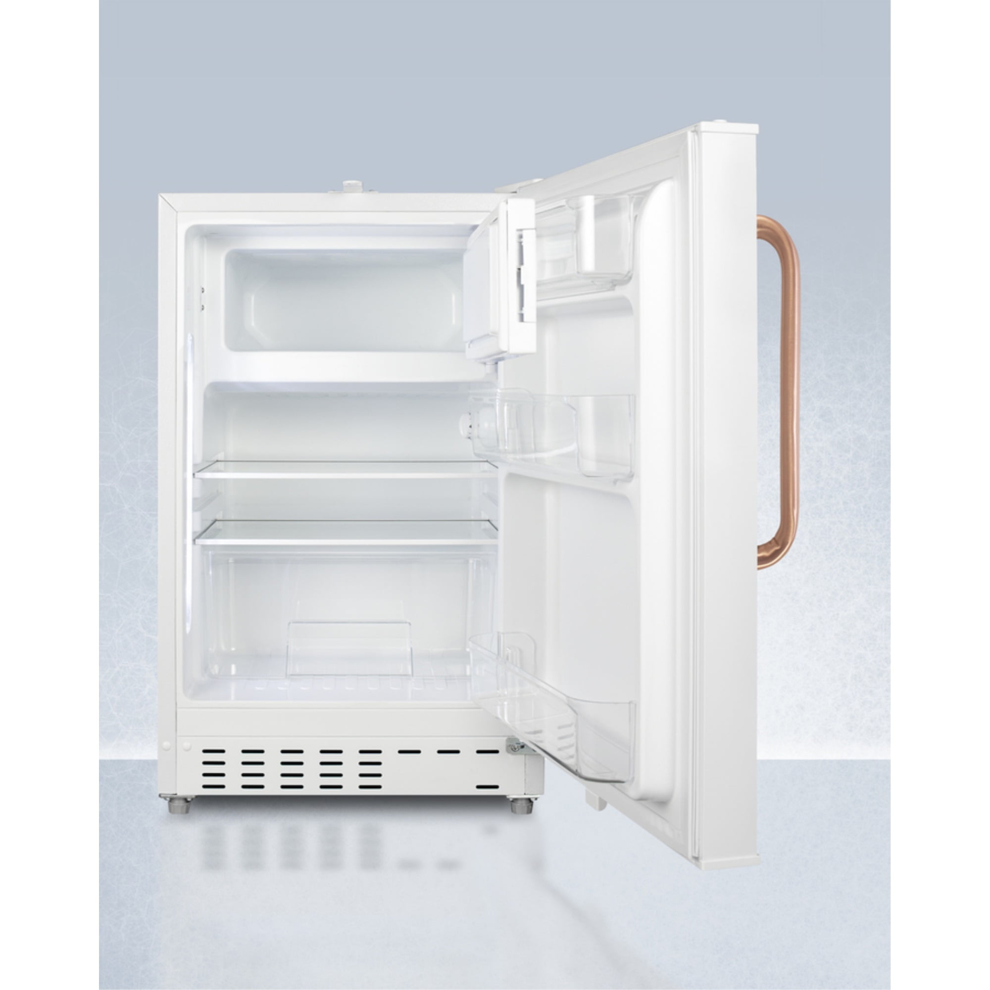 20" wide built-in undercounter ADA compliant refrigerator-freezer with a front lock and copper handle