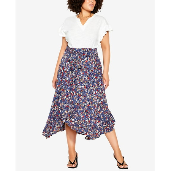 City Chic Trendy Plus Size Ruffled Midi Skirt Ruf Denim Floral 20W