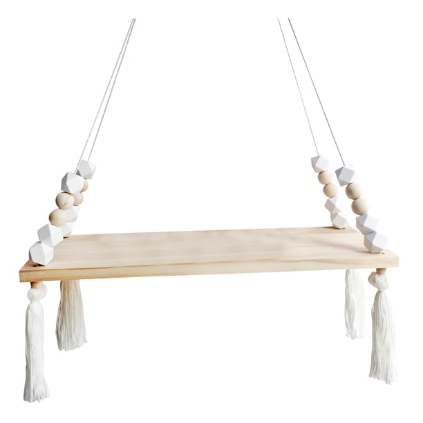 Estante de borlas de columpio de cuerda de madera Soporte de exhibición decorativo colgante de cuerda de madera Estante de oficina de cocina de sala de estar AweSitey HA3093-04