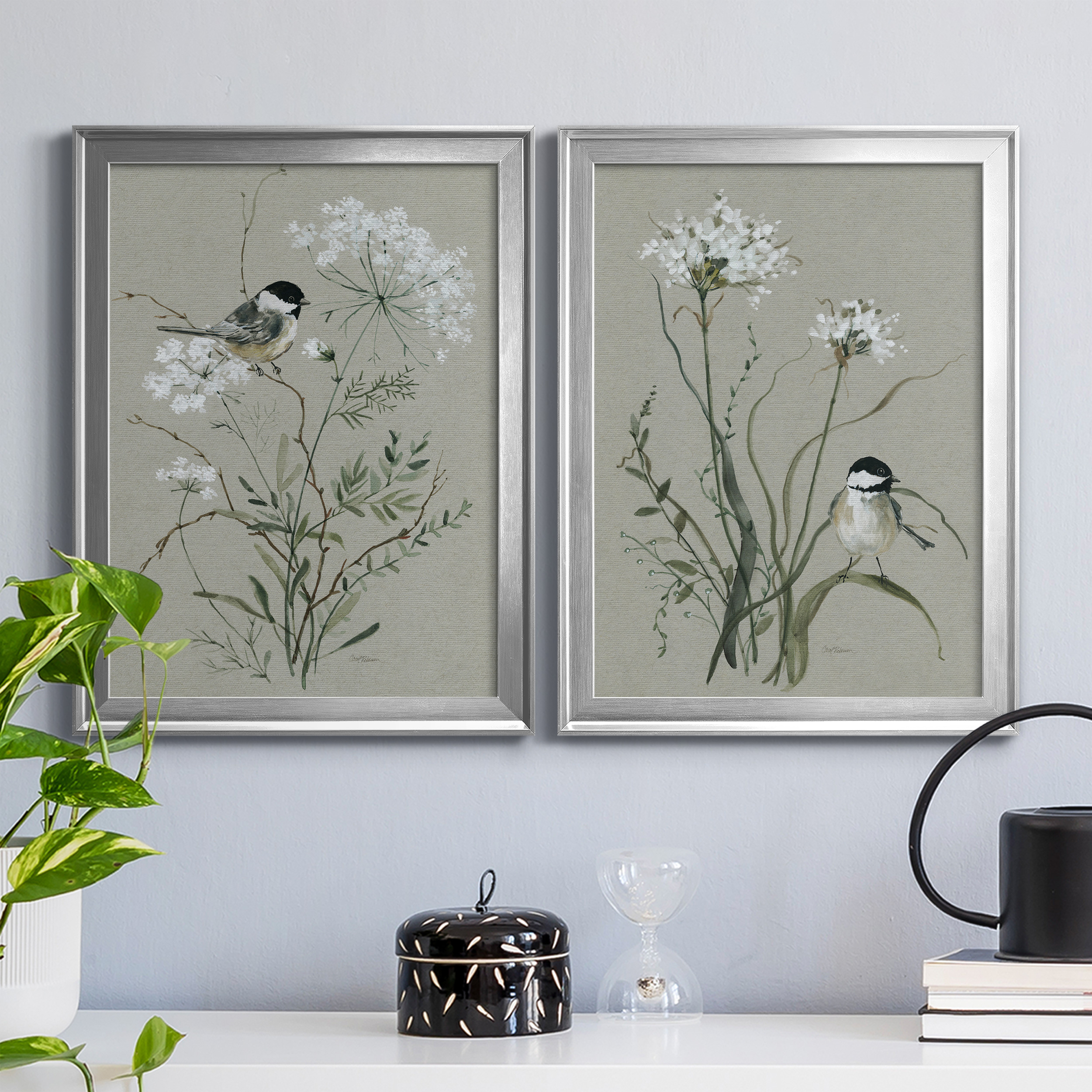 2 Piece Set Bouquet of Grace Bird I Premium Framed Canvas - Ready to Hang - 22.5 x 30.5 Each - Silver Frame