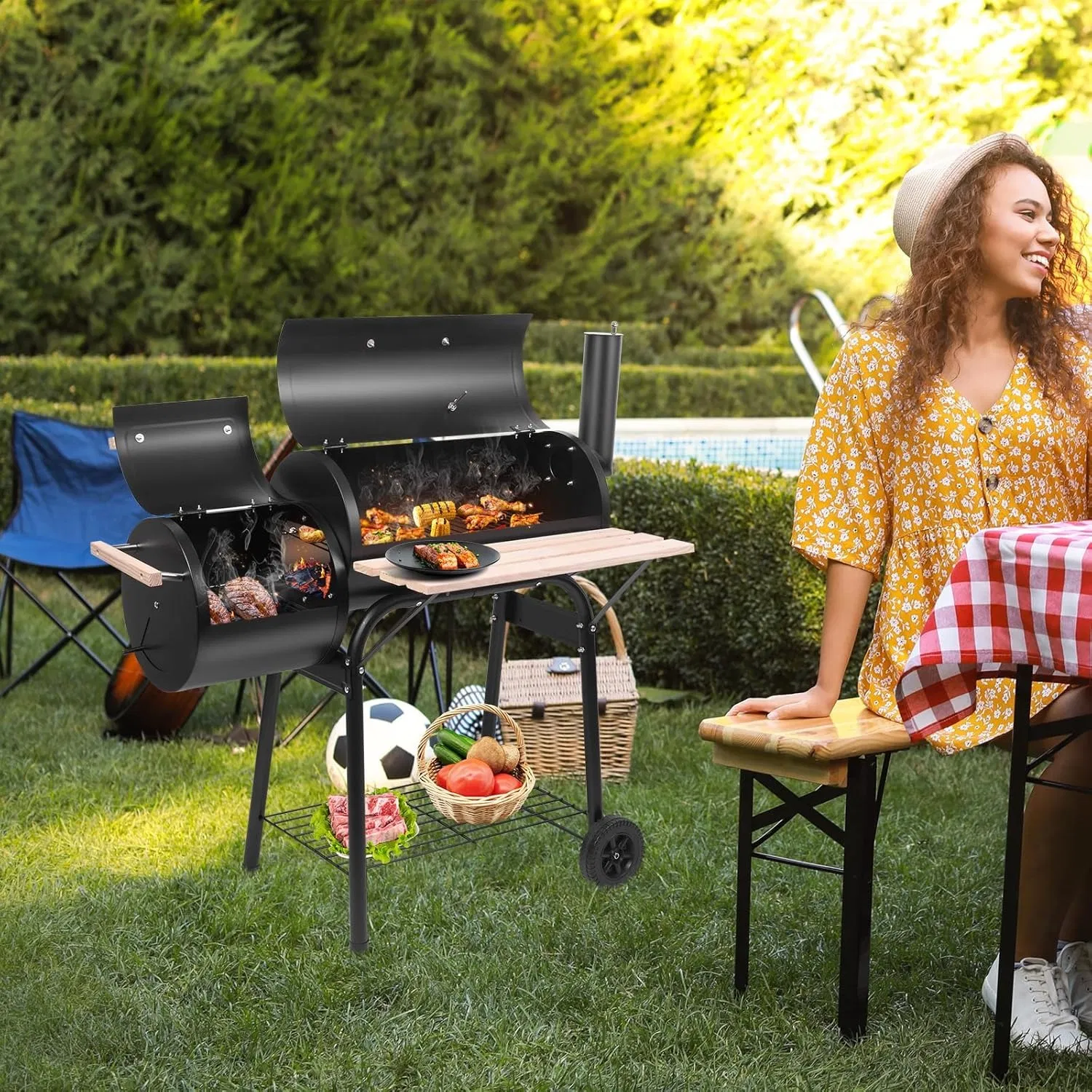 YDLW Charcoal Offset Smoker Grill - Family-Size 4-6 Person BBQ with Temperature Control & Portable Wheels
