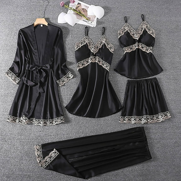 BONIXOOM Christmas Pajamas For Women Family Christmas Pajamas Matching Sets Loungewear Belt Long Sleeve Sleepwear Sets Solid Black XL