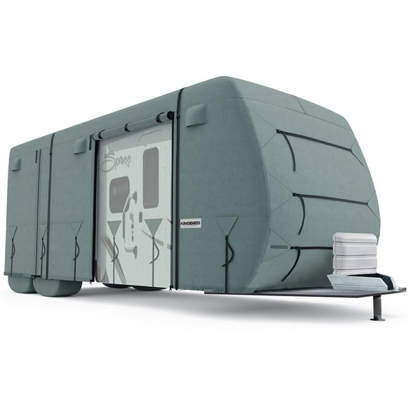 KING BIRD Travel Trailer RV Cover Extra-Thick 4 Layers Anti-UV Top Panel, Durable Camper Cover, Fits 27'-30' Motorhome -Breathable, Water-Proof, Rip-Stop with 2Pcs Extra Straps & 4 Tire Covers