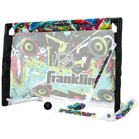 Franklin Sports NHL Kids Mini Hockey Set - Includes (1) Knee Hockey Goal, (2) Mini Sticks   (2) Foam Balls - Indoor Toy Youth Goal   Sticks Set - Graffiti