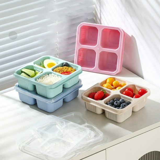 Juego de 4 Recipientes Bento para Refrigerios | Loncheras de 4 Compartimentos con Compartimentos para Salsas | Apto para Microondas y Lavavajillas, Reutilizables, de Plástico, para Niños, Adultos, Tr