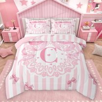 Homewish Kawaii Letter C Bedding Comforter Set for Kids, Cartoon Bowknot Monogrammed Twin Comforter Sets, Girly Pink Stripe Lines Reversible Bedding Set, Ultra Soft Bedroom Decor, 2 Pieces