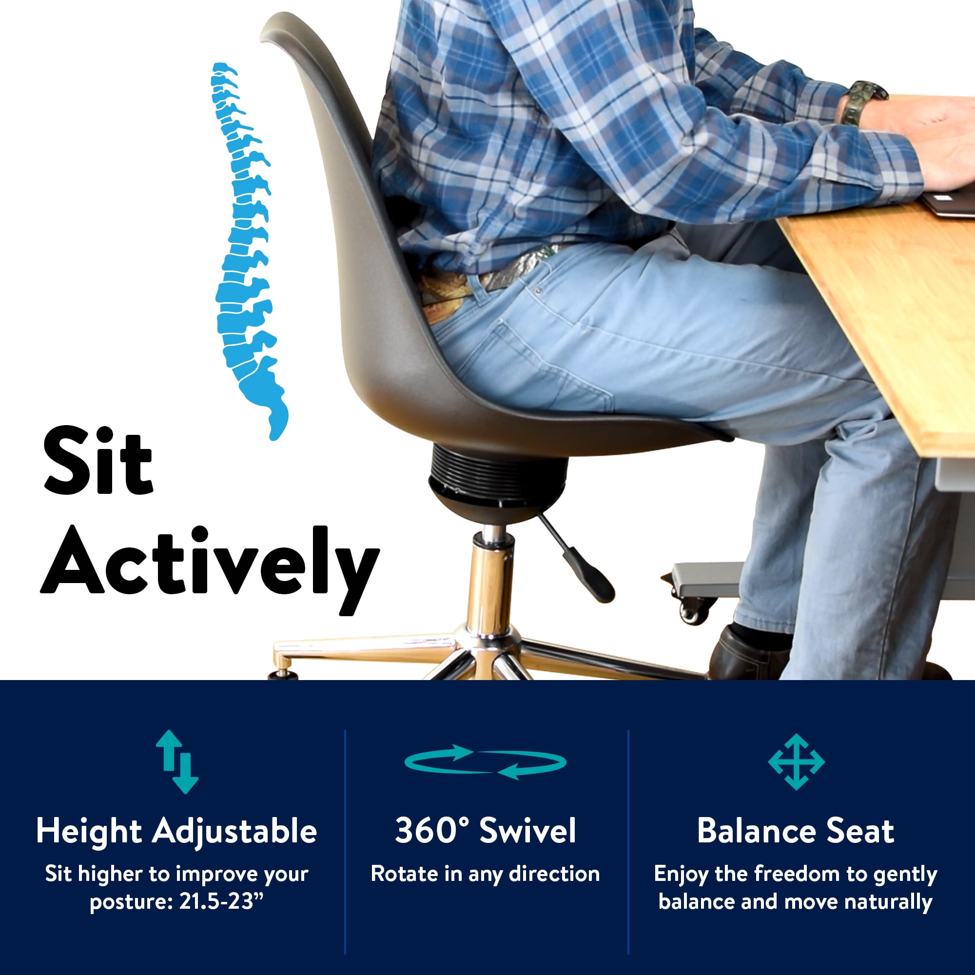 Active Task Chair with Wheels – Armless Ergonomic Desk Chair with Balance Seat, Adjustable Tall Office Chair for Standing Desk or Home Office