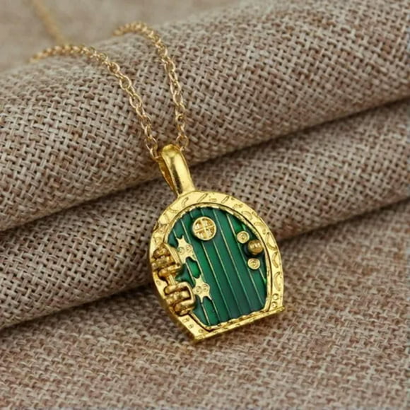 HOOUN Gold Hobbit Hole, Lord of The Rings Pendant Locket Necklace - Green Door