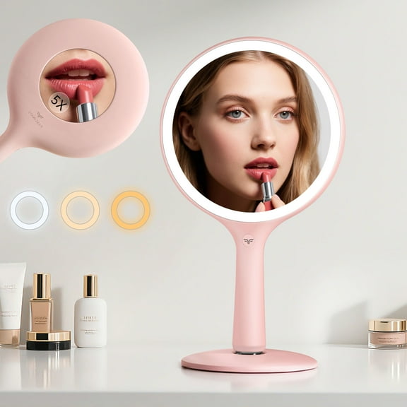 FUNTOUCH  1x/5x Magnification Travel Makeup Mirror with Lights, Vanity Mirror with 3 Color Light, Round, ABS, ,Pink