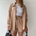 thumbnail image 4 of DHFJKG Womens 2 Piece Shorts Set Long Sleeve Button Up Collared Shirt Drawstring Shorts Basic Blouses Top Summer Beach Vacation Clothes Trendy Outfit, 4 of 4