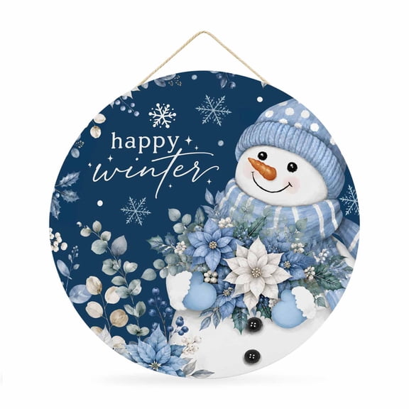Happy Winter Welcome Sign for Front Door 12 in Christmas Rustic Snowman Blue Poinsettia Snowflake Round Metal Sign Wall Hanging Sign for Indoor Outdoor Farm Home Porch Wall Decor Winter Gift