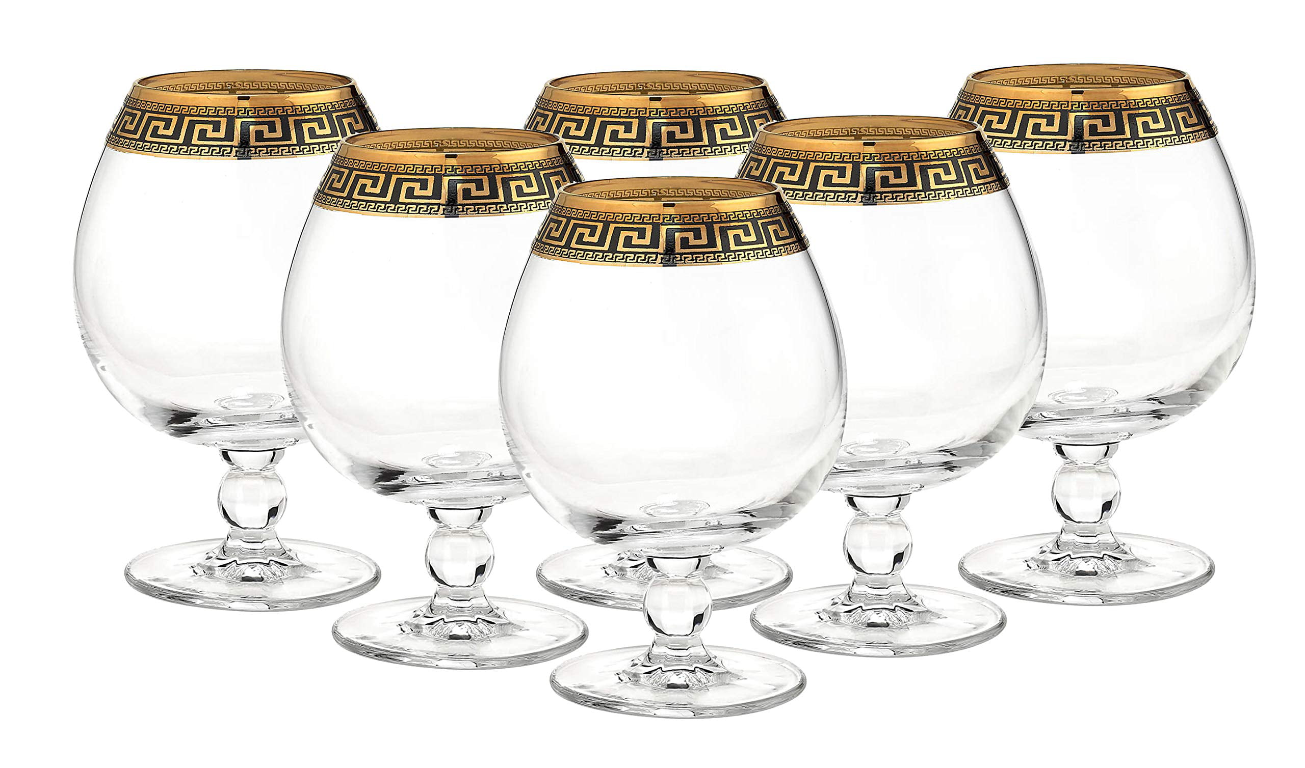 Gold and Black Greek Key Ornament Hand Made in Italy 17 oz Cristalleria Italian Decor Crystal Cognac Brandy Snifter Goblet SET OF 6 Glasses 