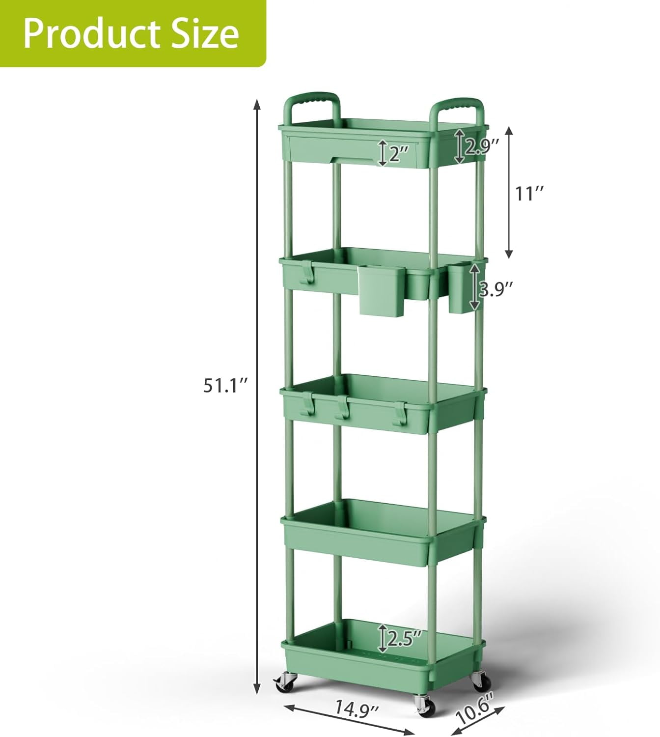 5 Tier Rolling Utility Cart, Mobile Storage Shelves with Wheels for Bathroom Laundry Office Home, Green