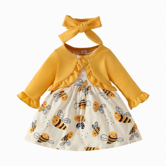 CAICJ98 Toddler Baby Girls Dress and Cotton Cardigan Set Fall Winter 3 6 12 18 24 Months 2T 3T 4T Girls Toddler Clothes (Yellow,9-12 Months)