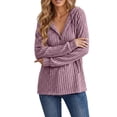 thumbnail image 5 of CQONEPT Womens Ribbed Hoody Pullover Button V Neck Sweatshirt Tops Dressy Casual Long Blouses Stretch Fall Fashion Clothes Purple XL, 5 of 7