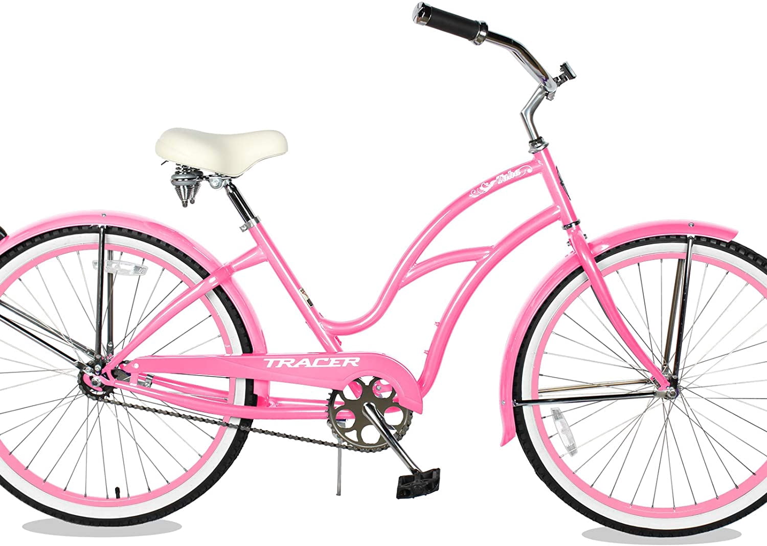 WonderWheels 26" Beach Cruiser Coaster Brake Stainless Steel Spokes One Piece Crank Alloy Orange Rims 36H W/ Fenders - Pink