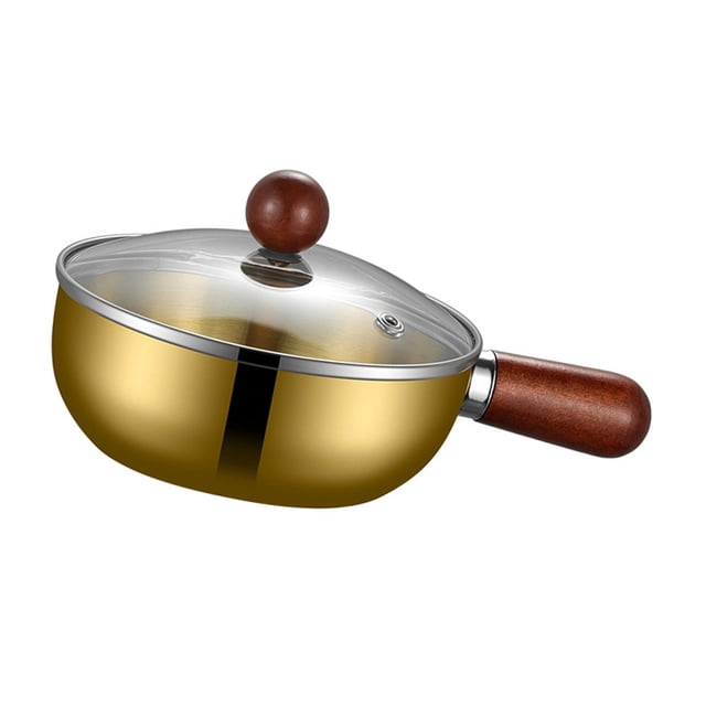 Cacerola calentadora de de acero inoxidable para el hogar con tapa portátil para hervir compatible con todas las estufas olla para leche 14 cm de oro