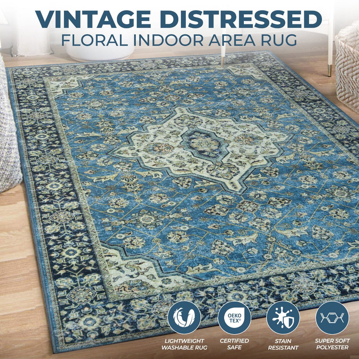 Superior Jay Medallion Bordered Washable Indoor Runner Rug, 2' 7" x 8', Blue