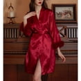 thumbnail image 4 of Defitshape Women's Soft Satin Robe Short Lightweight Summer Luxury Faux Fur Trim Bridal Robes Silk Bathrobe Knee Length Bridesmaid Pjs Burgundy X-Small, 4 of 4