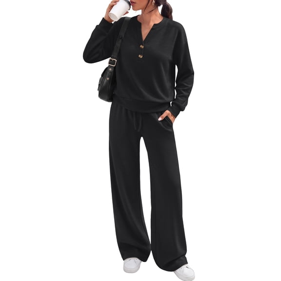 SUNBS Two Piece Outfits Women Fall Sweatsuits Henley Neck Tops Lounge Sets Wide Leg Pants Vocation Travel Outfits