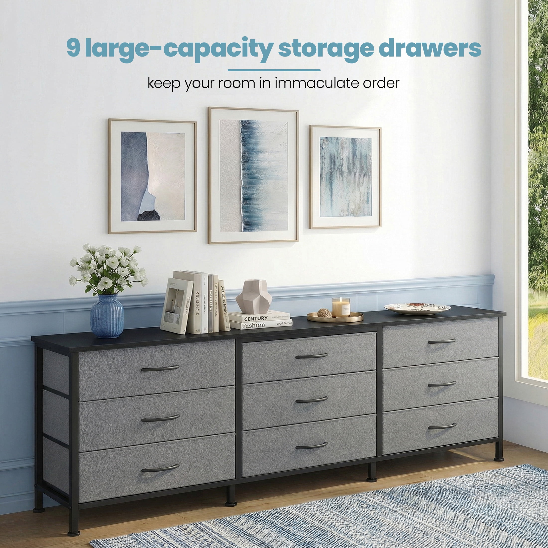 CONCETTA 9 Drawer Storage TV Dresser, Metal Frames Resist Deformation, Adjustable Feet Prevent Tipping, Accommodates TV Up to 75 inch, Suitable for Living Room,Gray