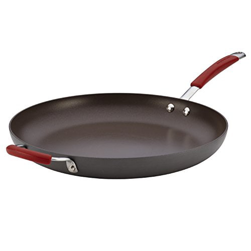 Rachael Ray Cucina Hard-Anodized Nonstick Skillet with Helper Handle,  14-Inch, Gray/Cranberry Red