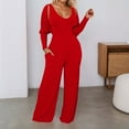 thumbnail image 2 of TrendOFT Combinaison Formelle pour Femmes Été Grande Taille Décontractée Manches Longues Col en V Profond Haute Élasticité Côtelée une Pièce Rouge G, 2 of 8