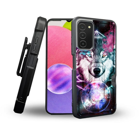 ANJ  Rugged Shockproof Holster Case Card Slot Kickstand   Tempered Glass Cover for Samsung Galaxy A03s - Wolf Fantasy