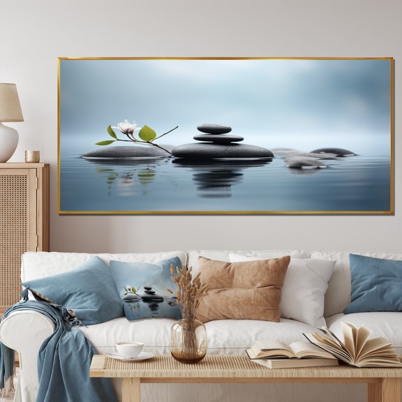 Designart "Zen Serenity Spiritual Stones in Blue II" Extra Large Spiritual Framed Wall Art - Global Blue Spiritual Stone Living Room Framed Canvas Art