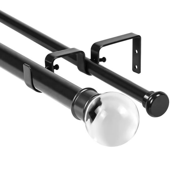 Urbanest Crystal Ball Flat Button 1" 5/8" Double Drapery Curtain Window Rod Set - 28" to 48", Black