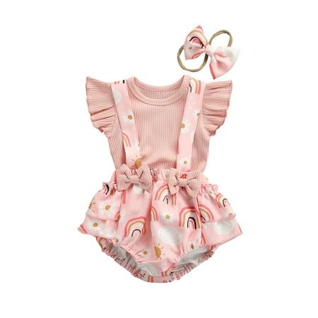 

Infant Baby Girl Clothes Fly Sleeve Solid Color T-shirt Top+Rainbow Print Straps Bow Shorts Set