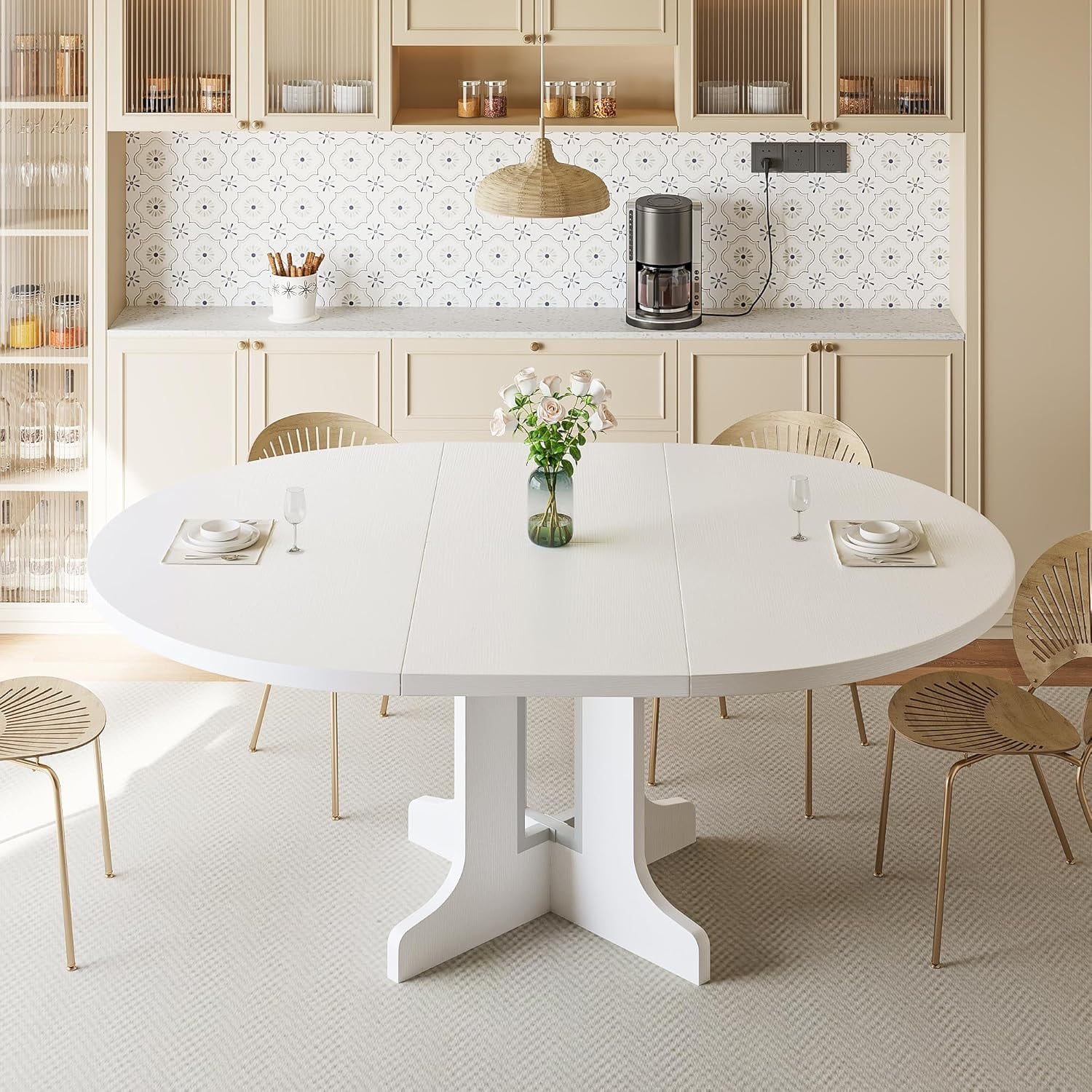 iPormis 59" Round Extendable Dining Room Table for 6, Modern Oval Kitchen Table with Heavy Duty Wood Base, Dinette for Kitchen Living Room,White