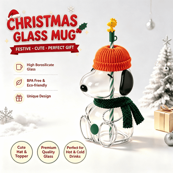 Snoo.py Inspired Cartoon Dog Limited Edition Glass Cold Cup Tumbler with Straw, Knitted Beanie Hat and Scarf Decor, 20 oz Clear Tumbler for Iced Coffee & Cold Drinks Christmas Gifts