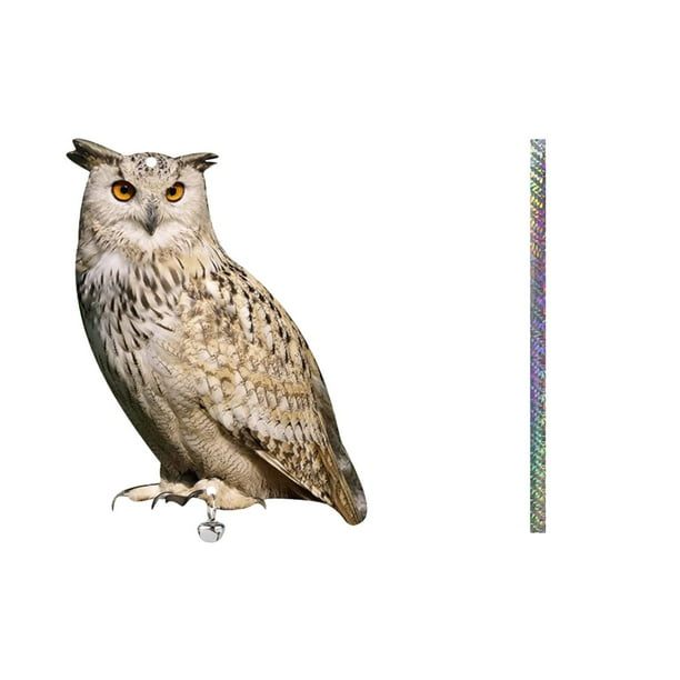 Decoración colgante repelente de pájaros en forma de búho con tiras reflectantes y cascabeles | Espantapájaros acrílico de doble cara para jardín, balcón y patio | Repelente seguro para palomas,