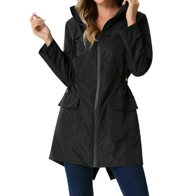 Abrigo Trench Windbreaker INSPIRE CHIC para mujer, chaqueta impermeable ligera con capucha, color negro