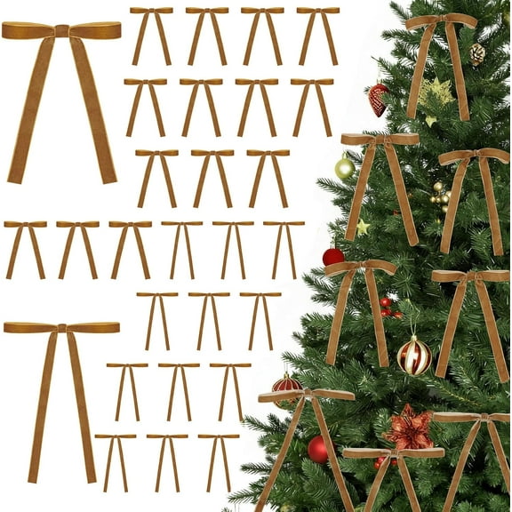 30 Pcs Velvet Bows for Christmas Tree, 5 x 7 Inch Vintage Rustic Christmas Ribbon Bows Ornaments for Tree Garland Wreath Gifts Outdoor Indoor Xmas Home Decorations(3/8'' Wide   5/8'' Wide)