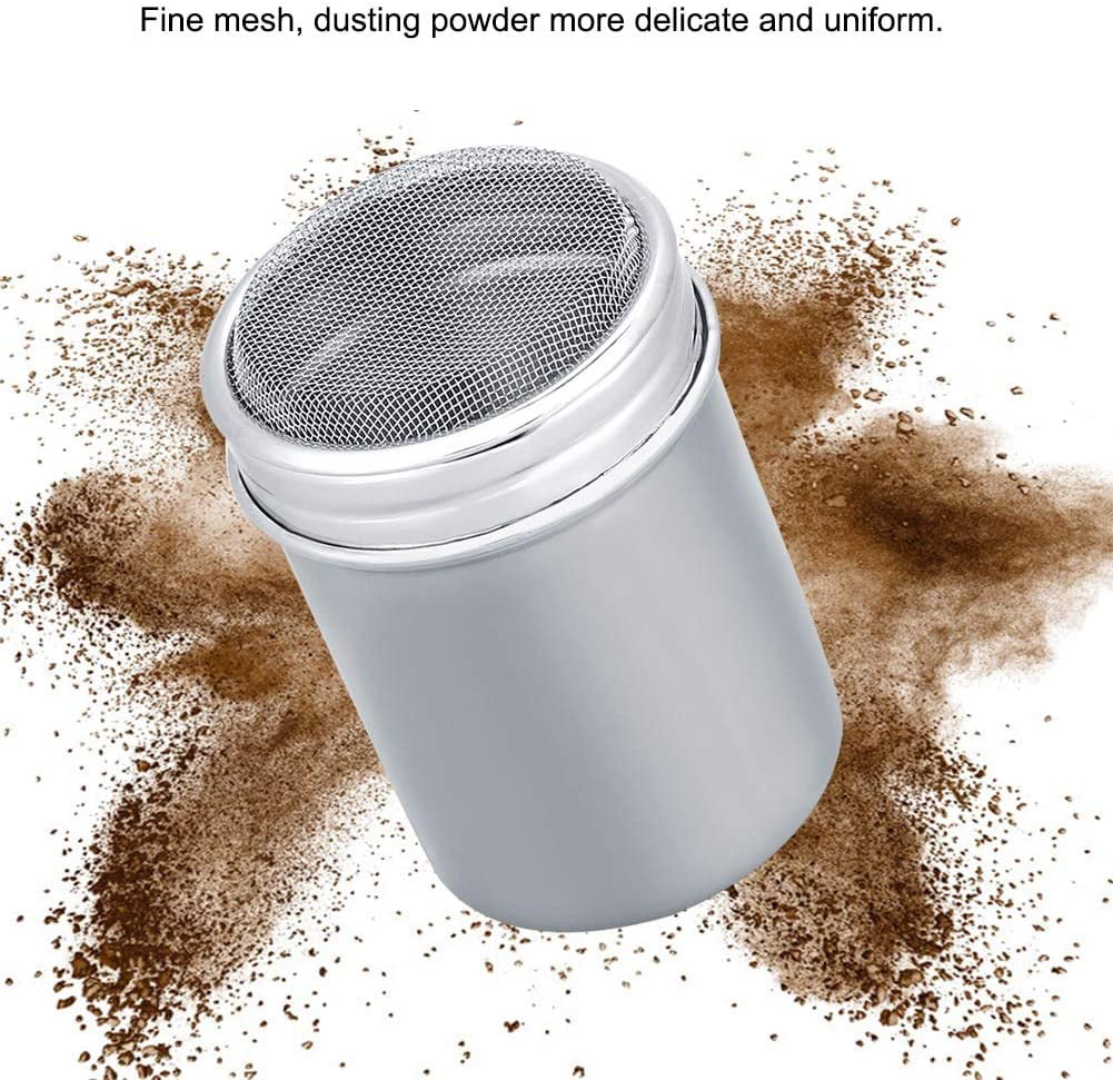 Powder Shaker Stainless Steel Anti-Rust Coffee Cocoa Cinnamon Chocolate Sifter Shakers Pepper Spice Storage Cans with Fine-Mesh Lid for Restaurant Hotel Cafe Shop BBQ Supplies Concave L