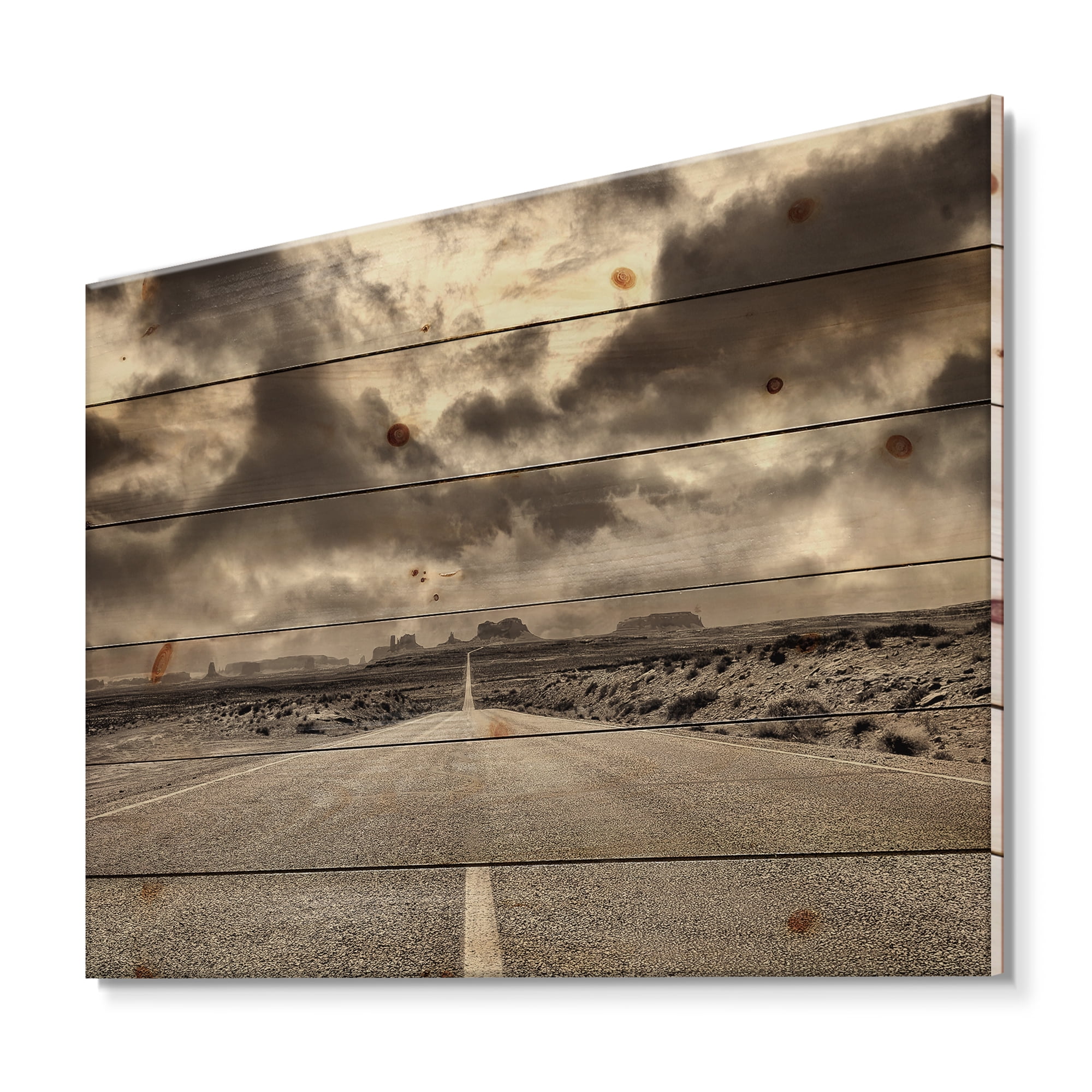 Designart 'The Straight Road To Monument Valley' Traditional Print on Natural Pine Wood