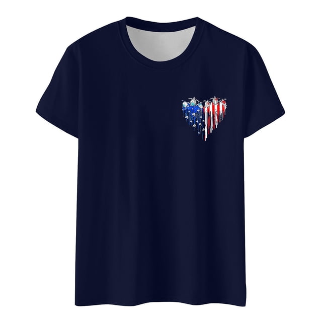 Hauts d'Été pour Femmes Jour de L'Indépendance Drapeau Col Rond Imprimé Lettre Manches Courtes T-Shirts pour Femmes Marine L
