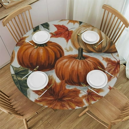 

WXKJ Thanksgiving Day Round Fitted Tablecloth Elastic Edge Autumn holiday pumpkin and maple leaves pattern Waterproof Wipeable Round Table Cover Dining Room Table 54 -58