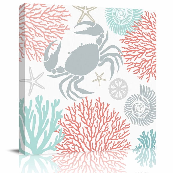 Framed Canvas Wall Art for Living Room Red Coral Crab Wall Decor, Ocean Starfish Shell Aesthetic Paintings for Bedroom Office Kitchen Bathroom, Ready to Hang Artwork Wall Pictures 8x8 Inch