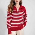 thumbnail image 5 of AGWOLF Womens V Neck Sweater Striped Ribbed Knit Jumper Shirts Lapel Collar Long Sleeve Pullover Tops, 5 of 7